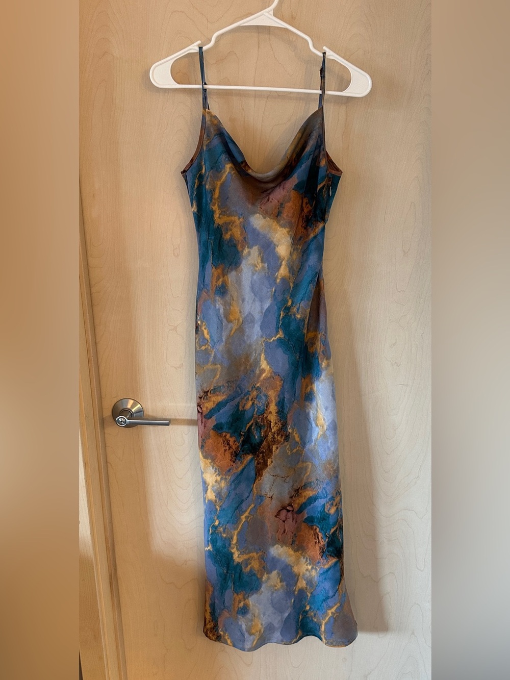 Micas Small Midi Slip Dress Abstract Print Satin Drape Neck Scoop Back